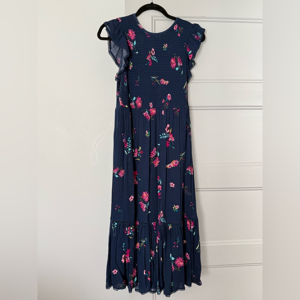Navy Floral Tiered Maxi Dress with Pink Accents